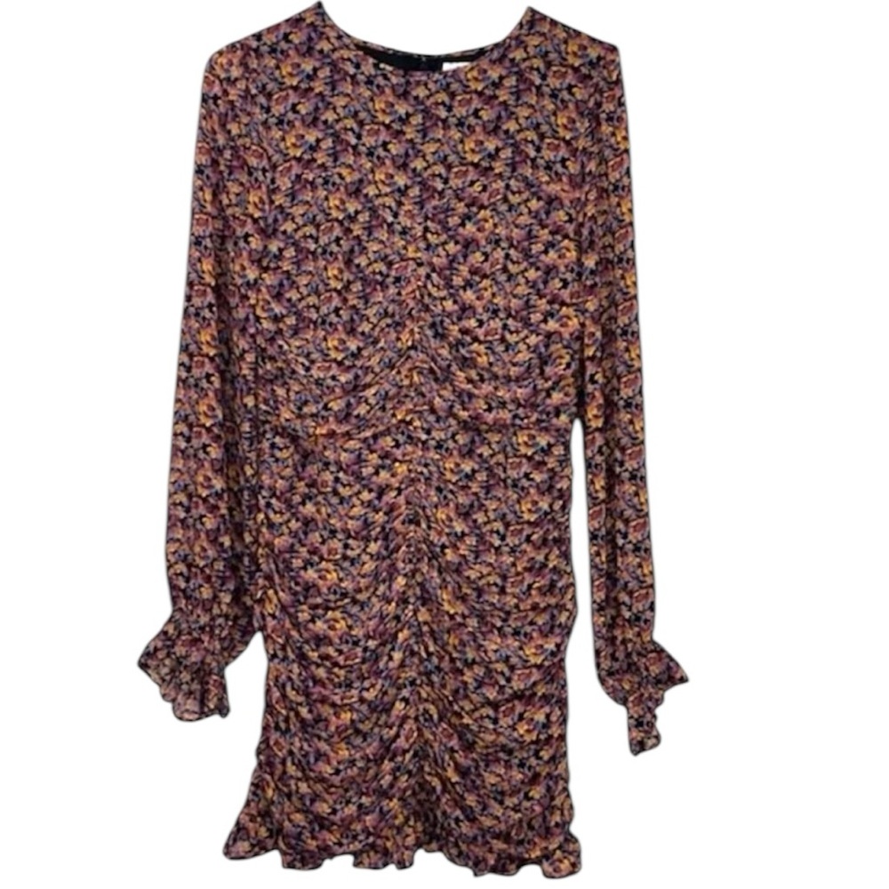 Fate Ruched Floral Mini Dress Long Sleeve Ruffle Cuff Medium